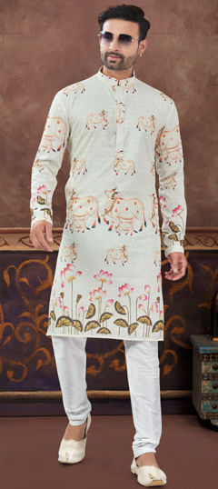 Festive White and Off White color Kurta Pyjamas in Rayon fabric with Digital Print, Embroidered, Thread work : 1973913