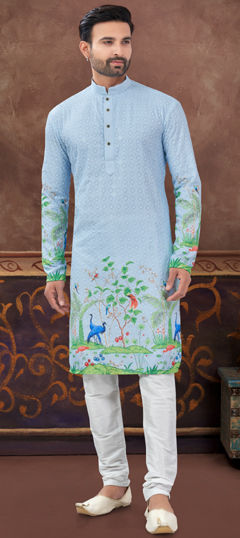 Blue color Kurta Pyjamas in Rayon fabric with Digital Print, Embroidered, Thread work