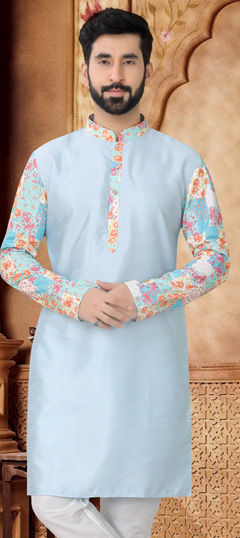 Blue color Kurta in Silk fabric with Embroidered, Printed, Thread work