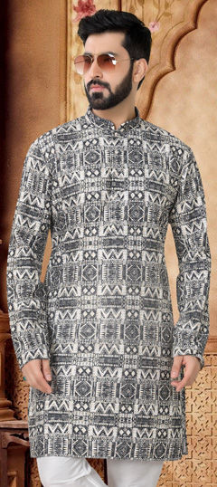 Black and Grey color Kurta in Cotton fabric with Embroidered, Sequence, Thread work