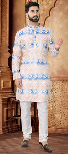 Beige and Brown color Kurta Pyjamas in Cotton fabric with Foil Print work