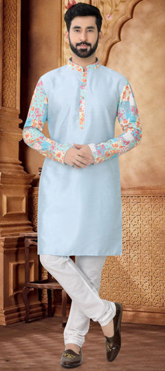 Blue color Kurta Pyjamas in Silk fabric with Embroidered, Printed, Thread work