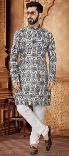 Black and Grey color Kurta Pyjamas in Cotton fabric with Embroidered, Sequence, Thread work