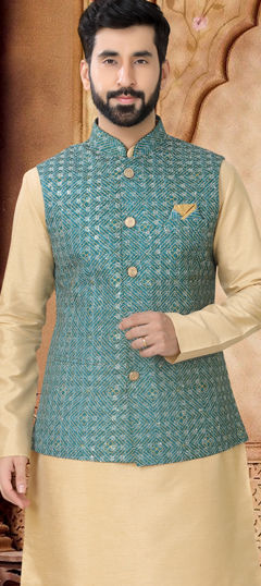 Green color Nehru Jacket in Cotton fabric with Embroidered, Sequence, Thread work