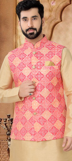 Pink and Majenta color Nehru Jacket in Cotton fabric with Embroidered, Sequence, Thread work