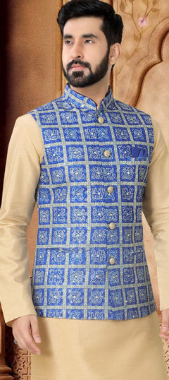 Blue color Nehru Jacket in Cotton fabric with Embroidered, Sequence, Thread work