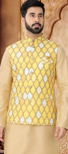 Yellow color Nehru Jacket in Cotton fabric with Embroidered, Sequence, Thread work