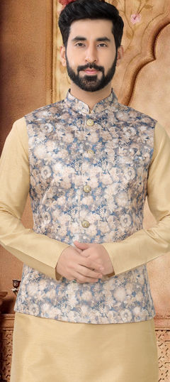 Blue color Nehru Jacket in Jacquard fabric with Floral, Printed work