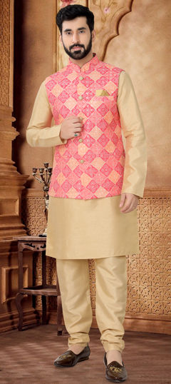 Gold color Kurta Pyjama with Jacket in Silk fabric with Embroidered, Sequence, Thread work