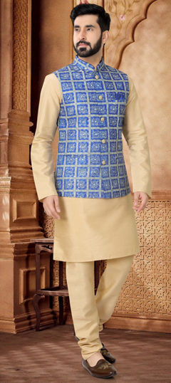 Gold color Kurta Pyjama with Jacket in Silk fabric with Embroidered, Sequence, Thread work