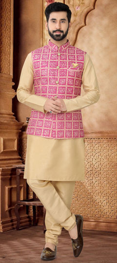 Gold color Kurta Pyjama with Jacket in Silk fabric with Embroidered, Sequence, Thread work