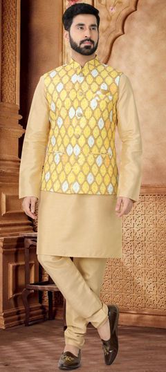 Gold color Kurta Pyjama with Jacket in Silk fabric with Embroidered, Sequence, Thread work