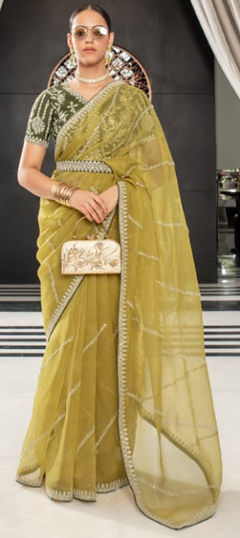 Gold color Saree in Organza Silk fabric with Embroidered, Sequence, Thread work