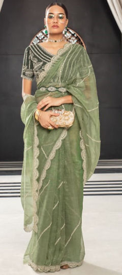 Green color Saree in Organza Silk fabric with Embroidered, Sequence, Thread work