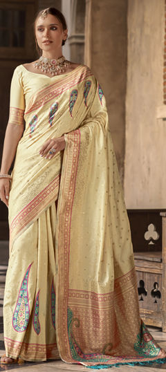 Beige and Brown color Saree in Silk fabric with Weaving, Zari work