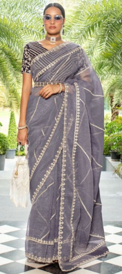 Black and Grey color Saree in Organza Silk fabric with Embroidered, Sequence, Thread work