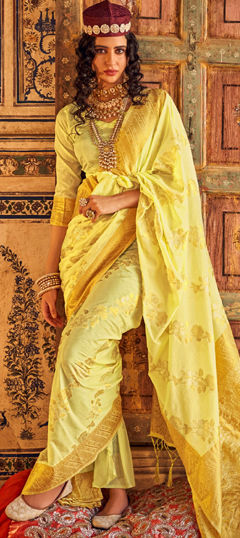 Yellow color Saree in Georgette fabric with Weaving work