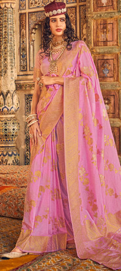 Pink and Majenta color Saree in Georgette fabric with Weaving work