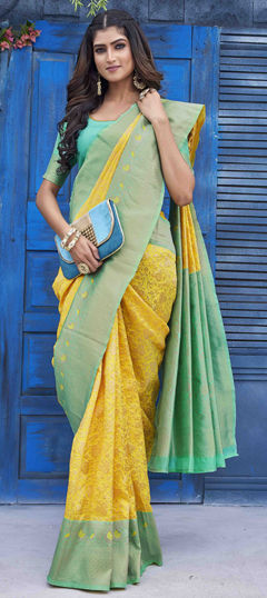 Yellow color Saree in Blended fabric with Weaving work