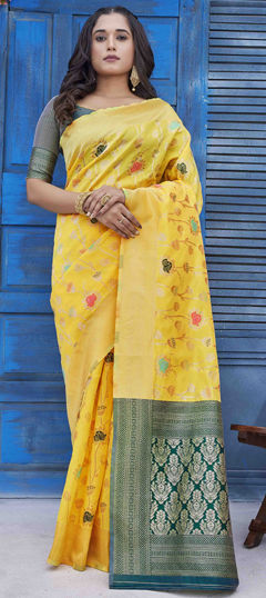 Yellow color Saree in Blended fabric with Weaving work