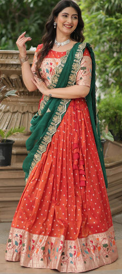 Festive, Reception, Wedding Orange color Lehenga in Jacquard fabric with Flared Weaving work : 1974136