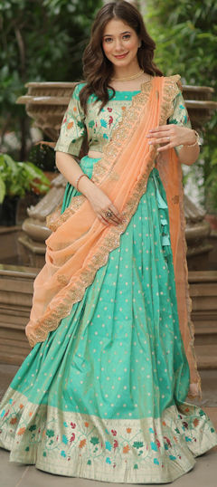 Festive, Reception, Wedding Green color Lehenga in Jacquard fabric with Flared Weaving work : 1974137