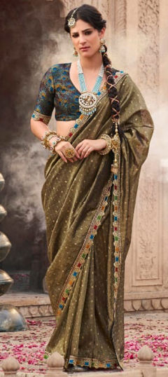 Festive, Traditional, Wedding Gold color Saree in Tissue fabric with South Lace work : 1974141