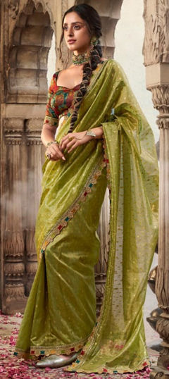 Festive, Traditional, Wedding Green color Saree in Tissue fabric with South Lace work : 1974145