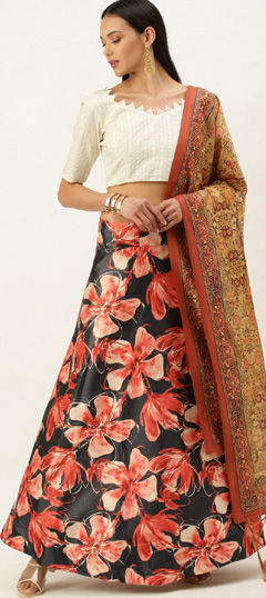 Festive, Party Wear Black and Grey color Lehenga in Satin Silk fabric with Flared Printed work : 1974159