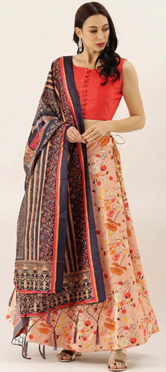 Festive, Party Wear Pink and Majenta color Lehenga in Satin Silk fabric with Flared Floral, Printed work : 1974162