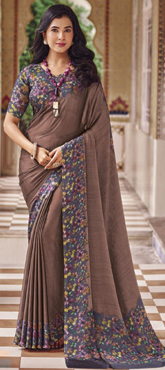 Festive, Party Wear Beige and Brown color Saree in Chiffon fabric with Classic Floral, Printed work : 1974206