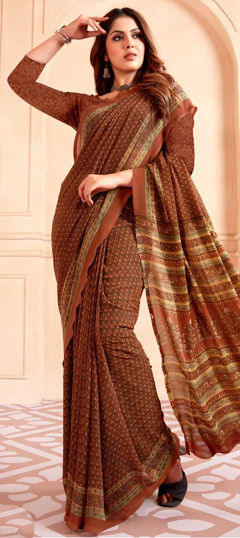 Beige and Brown color Saree in Crepe Silk fabric with Floral, Printed work