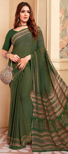 Green color Saree in Crepe Silk fabric with Floral, Printed work