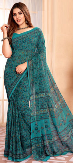 Blue color Saree in Crepe Silk fabric with Floral, Printed work