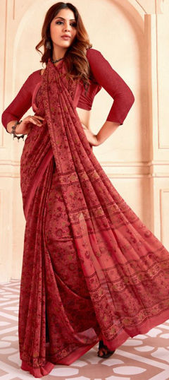 Red and Maroon color Saree in Crepe Silk fabric with Floral, Printed work