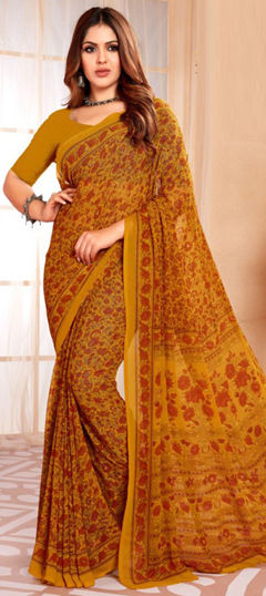 Yellow color Saree in Crepe Silk fabric with Floral, Printed work