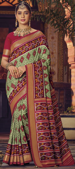 Green color Saree in Silk fabric with Printed work