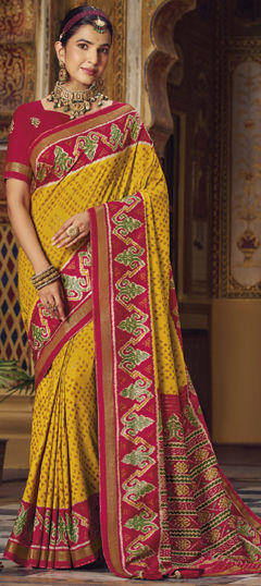 Yellow color Saree in Silk fabric with Printed work