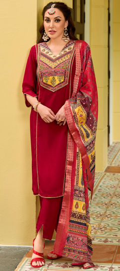 Festive, Party Wear Red and Maroon color Salwar Kameez in Silk fabric with Straight Bugle Beads, Cut Dana, Patch work : 1974270