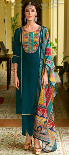 Festive, Party Wear Blue color Salwar Kameez in Silk fabric with Straight Bugle Beads, Cut Dana, Patch work : 1974272