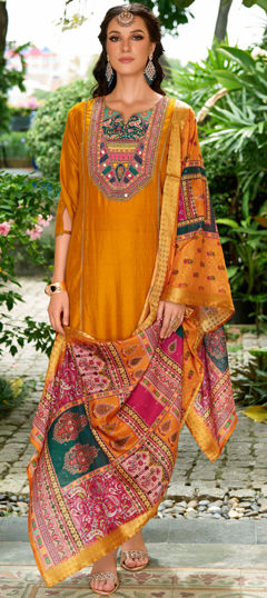 Festive, Party Wear Yellow color Salwar Kameez in Silk fabric with Straight Bugle Beads, Cut Dana, Patch work : 1974275