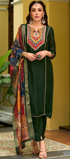 Festive, Party Wear Green color Salwar Kameez in Silk fabric with Straight Bugle Beads, Cut Dana, Patch work : 1974276