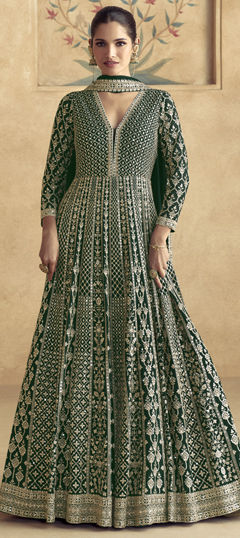 Festive, Reception, Wedding Green color Gown in Georgette fabric with Embroidered, Sequence, Thread, Zari work : 1974279