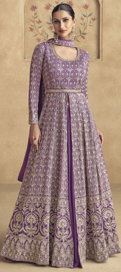 Festive, Reception, Wedding Purple and Violet color Gown in Georgette fabric with Embroidered, Sequence, Thread, Zari work : 1974280