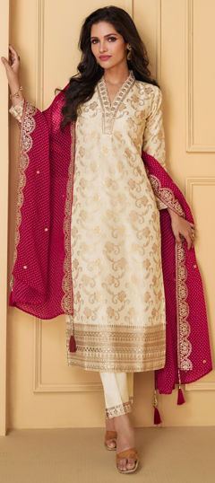 Festive, Party Wear White and Off White color Salwar Kameez in Jacquard fabric with Straight Embroidered, Sequence work : 1974284