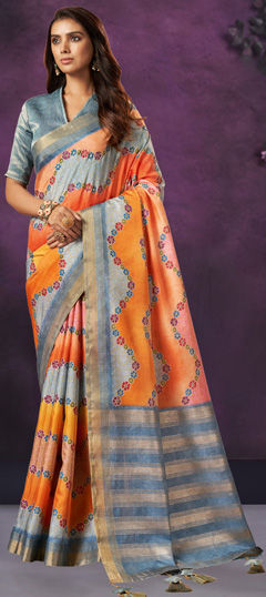 Festive, Traditional, Wedding Blue, Orange color Saree in Crepe Silk fabric with South Weaving work : 1974303