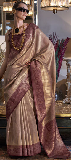 Beige and Brown color Saree in Tussar Silk fabric with Weaving, Zari work