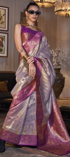 Purple and Violet color Saree in Tussar Silk fabric with Weaving, Zari work