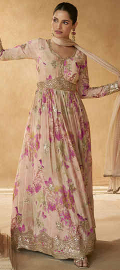 Festive, Party Wear, Wedding Pink and Majenta color Gown in Silk fabric with Embroidered, Sequence, Thread work : 1974344