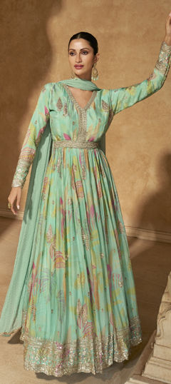 Festive, Party Wear, Wedding Green color Gown in Silk fabric with Embroidered, Sequence, Thread work : 1974346